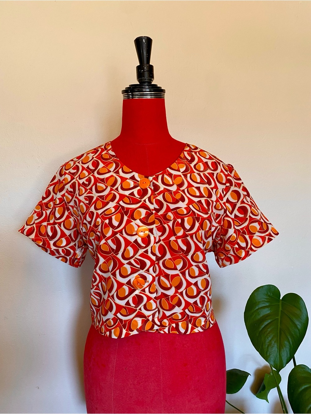 🧡 Vintage 70s Orange Retro Geometric Button Top 🧡